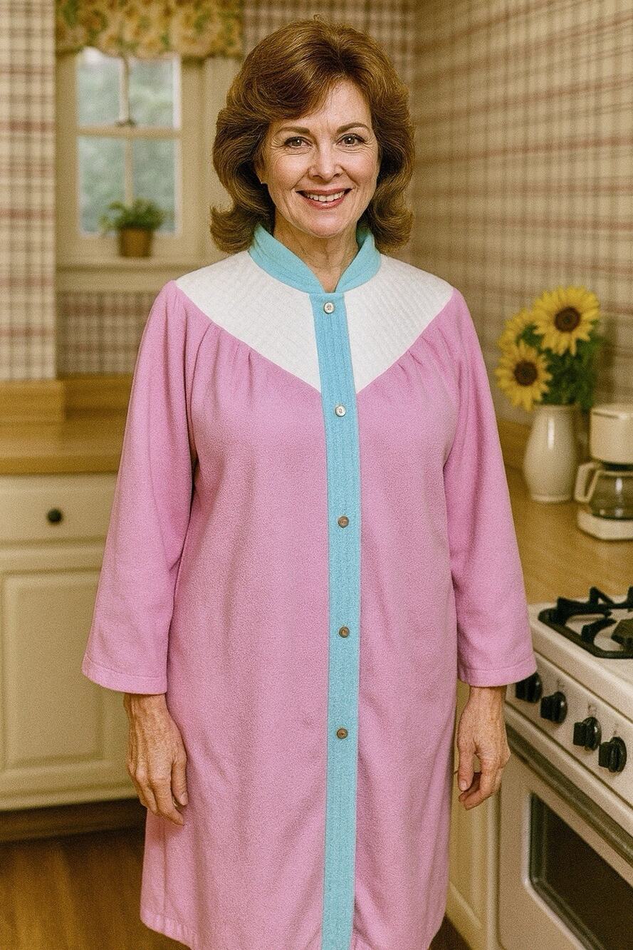 Carriage Court Vtg House Fleece Dress Snap Size L Pink Pastel Granny Core Retro